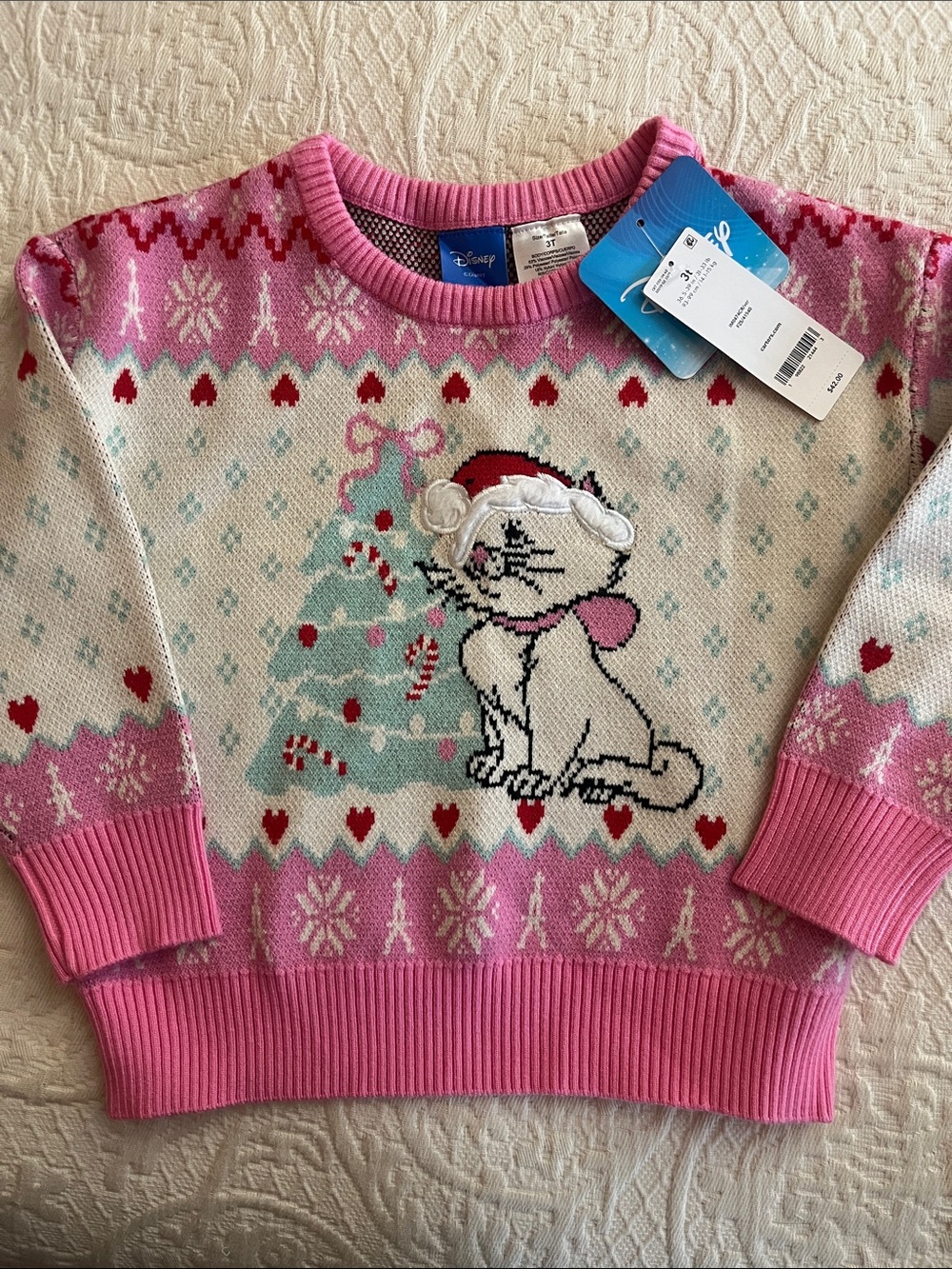 Disney Pink and Cream Girls' Holiday Sweater with Kitten and Tree-size 3T-NWT